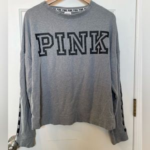 Pink Victoria's Secret Women's M Campus Crew Sweatshirt Gray Front Logo Sleeve